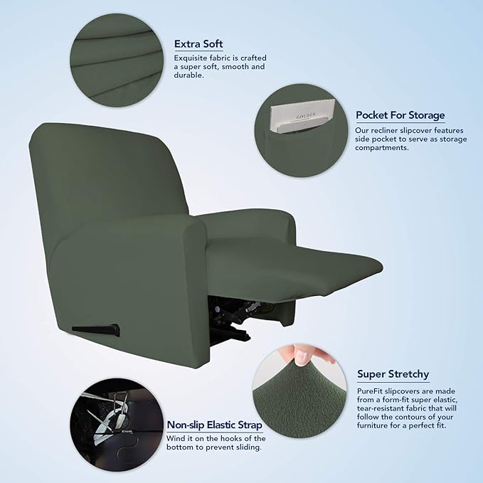 PureFit Super Stretch Chair Sofa Slipcover with Pocket – Spandex Non Slip Soft Couch Sofa Cover, Washable Furniture Protector with Elastic Bottom for Kids, Pets （Recliner, Grayish Green）