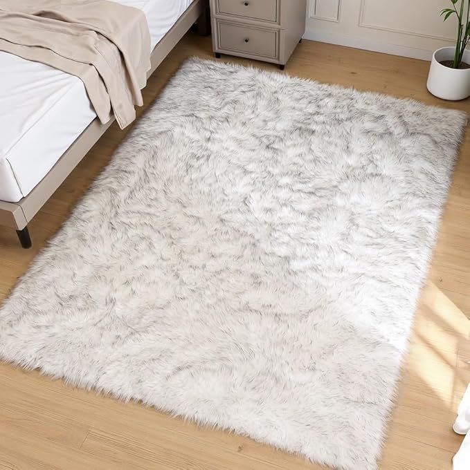 Goolela Sheepskin Area Rug 5x8 Fluffy Fuzzy Furry Rug for Bedroom Living Room Faux Fur Shaggy Plush Soft Washable Rectangle - White with Grey Tips
