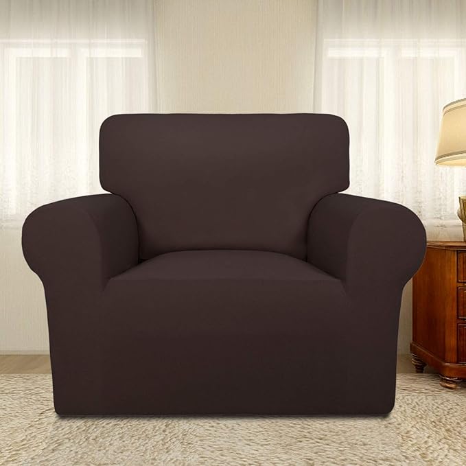 PureFit Super Stretch Chair Sofa Slipcover – Spandex Non Slip Soft Couch Sofa Cover, Washable Furniture Protector with Non Skid Foam and Elastic Bottom for Kids, Pets （Chair, Chocolate）