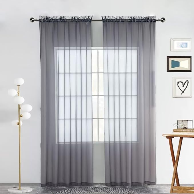 SpaceDresser Sheer Voile Window Treatment Rod Pocket Curtain Panels for Kitchen Bedroom Living Room Drapes Sunlight Filtering Privacy Semi Home Decor Assorted Colors Sizes (Grey, 52 W x 84 L)