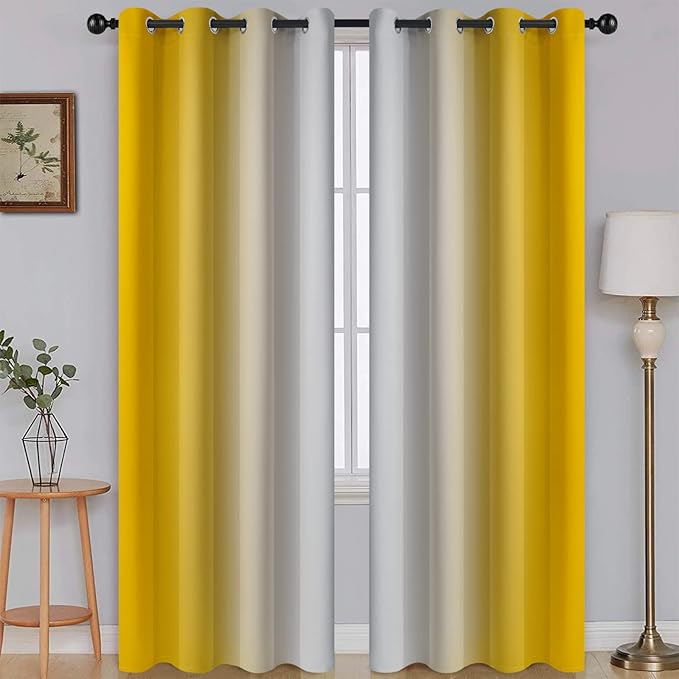 SimpleHome Ombre Room Darkening Curtains for Bedroom, Gradient Yellow to Grey White Light Blocking Thermal Insulated Grommet Window Curtain/Drapes for Living Room,2 Panels, 52x84 inches Length