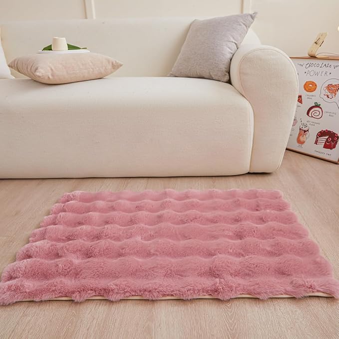 Pink Rabbit Plush Rug 2'x3', Fluffy Faux Fur Shaggy Area Rug for Nursery, Kids Room Decor, Soft Fuzzy Carpet for Living Room, Bedroom, Teen Girls Room