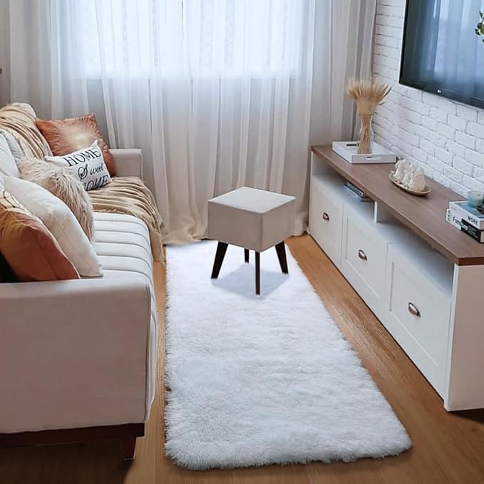 ONASAR White Runner Rugs for Bedroom Living Room, Luxury Bedside Fluffy Area Rug 2x6 Feet, Ultra Soft Plush Faux Fur Floor Throw Carpet for Hallway Nursery Kids Dorm Home Decor Aesthetic
