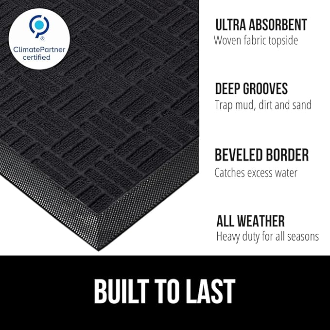 GORILLA GRIP 100% Waterproof All-Season WeatherMAX Doormat, 60x24, US Designed Natural Rubber, Stain and Fade Resistant, Low Profile Indoor Outdoor Door Mats, Easy Clean Patio Mat, Midnight Maze