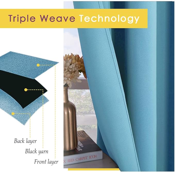 NICETOWN Bedroom Curtains Blackout Drapery Panels, 2 Panels, 70 x 72 inches, Teal Blue, Three Pass Microfiber Thermal Insulated Solid Ring Top Blackout Window Curtains/Drapes