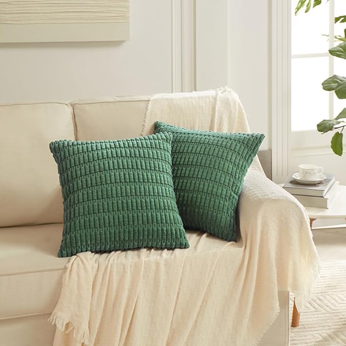 Fancy Homi 4 Packs Green Decorative Throw Pillow Covers 18x18 Inch for Living Room Couch Bed, Holiday Christmas Home Decor Gift, Soft Plush Corduroy Cute Accent Square Cushion Case 45x45 cm