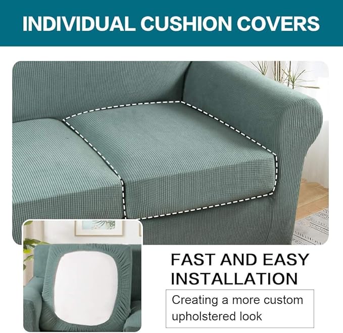 Turquoize 4 Piece Sofa Covers for 3 Cushion Couch Sofa Slipcover Soft Couch Cover for Dogs Washable Furniture Cover with 3 Individual Large Cushion Covers Feature Fabric (Large Sofa, Dark Cyan)