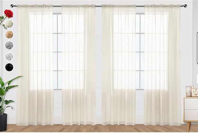 SpaceDresser Ivory Sheer Curtains 4 Panels Rod Pocket Semi-Sheer Curtain 90 Inches Long Light Filtering Voile Window Drapes for Bedroom Living Room Kitchen, Each 52W x 90L