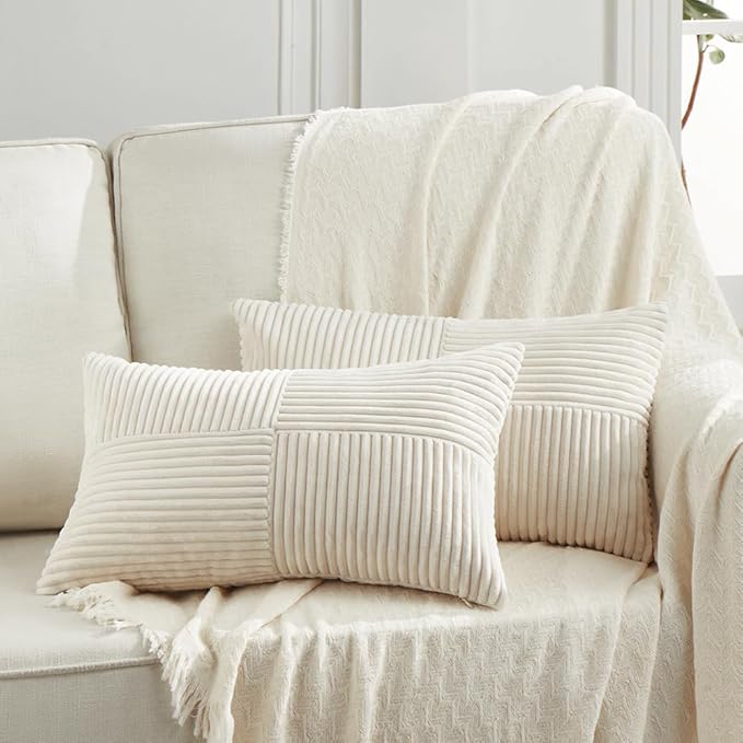 Fancy Homi 2 Packs Cream Lumbar Decorative Throw Pillow Covers 14x22 Inch for Living Room Couch Bed Sofa, Rustic Farmhouse Boho Home Decor, Soft Striped Corduroy Rectangle Accent Cushion Case 35x55 cm