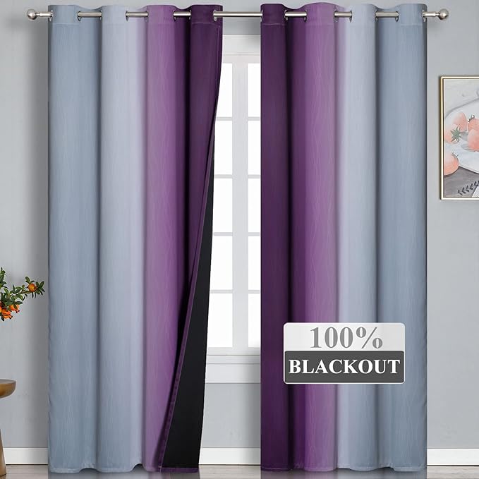 Estelar Textiler Purple and Grey Ombre Blackout Curtains 90 Inches Long 2 Panels Set, Thermal Insulated Drapes for Bedroom,Full Light Blocking Grommet Gradient Curtains for Living Room, 52Wx90L