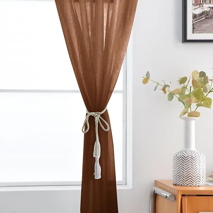 SpaceDresser Sheer Voile Window Treatment Rod Pocket Curtain Panels for Kitchen Bedroom Living Room Drapes Sunlight Filtering Privacy Semi Home Decor Assorted (Brown, 52 W x 90 L)