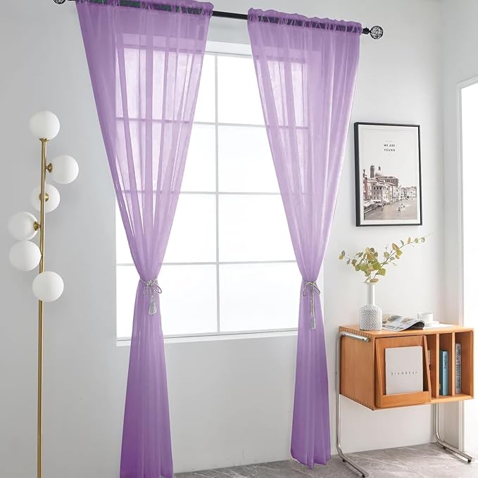SpaceDresser Sheer Voile Window Treatment Rod Pocket Curtain Panels for Kitchen Bedroom Living Room Drapes Sunlight Filtering Privacy Semi Home Decor Assorted (Lavender, 52 W x 54 L)