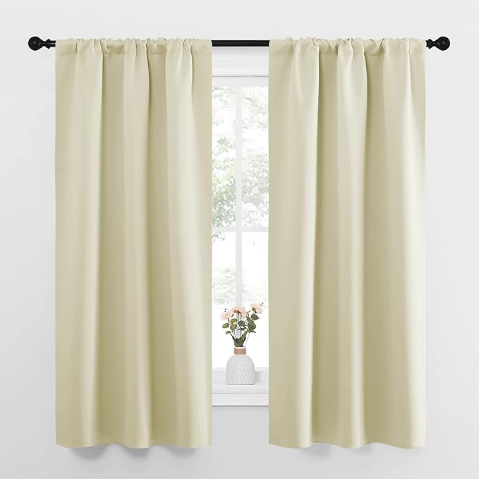 NICETOWN Bedroom Curtains for Kids Room, Window Treatment Thermal Insulated Solid Room Darkening Drape Panels for Girls Room (Beige, Set of 2, 34 inches Width by 63 inches Length)