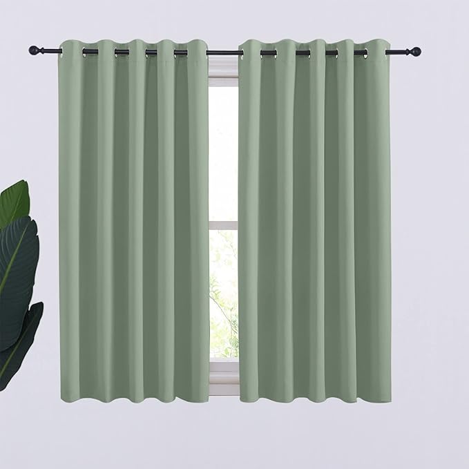 NICETOWN Thermal Insulated Greyish Green Curtains Blackout Draperies, Window Treatment Solid Grommet Room Darkening Drape Panels for Bedroom (Set of 2, 70 by 54 inches Long)