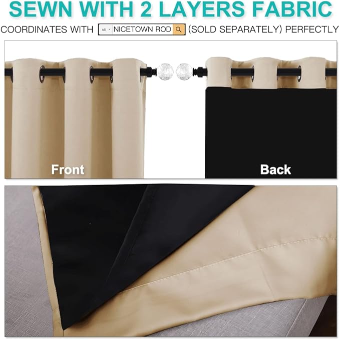 NICETOWN Living Room Completely Shaded Draperies, Privacy Protection & Noise Reducing Black Lined Insulated Window Treatment Curtain Panels for Patio Door (Set of 2 PCs, W42 x L84, Biscotti Beige)