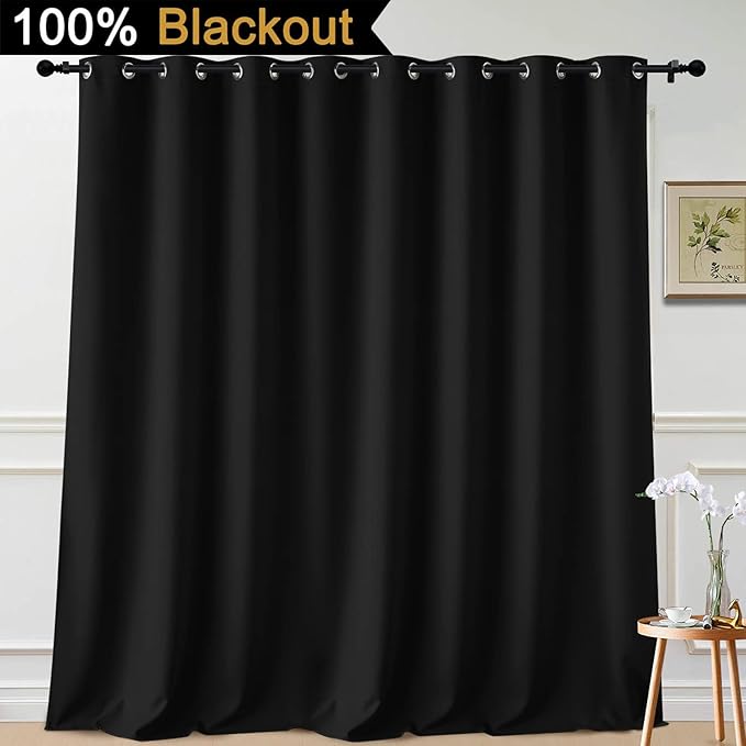 Yakamok 100% Blackout Thermal Insulated Grommet Curtains, Noise Reducing Barrier Panel for Sliding Glass Door, 2 Thick Layers Heat Full Light Blocking Patio Door Drapery, Black, W100 x L108, 1 Panel