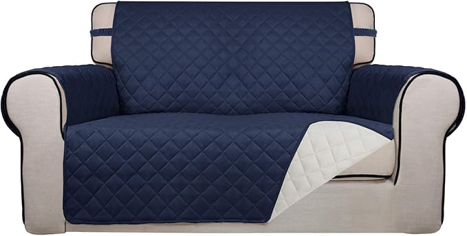PureFit Reversible Quilted Sofa Cover, Water Resistant Medium Slipcover Furniture Protector, Washable Couch Cover with Non Slip Foam and Elastic Straps for Kids, Dogs, Pets (Loveseat, Navy/Ivory)