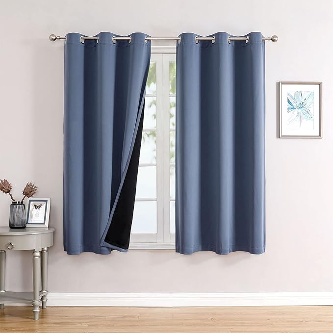 ChrisDowa 100% Blackout Curtains for Bedroom with Black Liner, 2 Thick Layers Total Blackout Thermal Insulated Grommet Small Window Curtains 2 Panels Set (Stone Blue, 42 x 45 Inch)