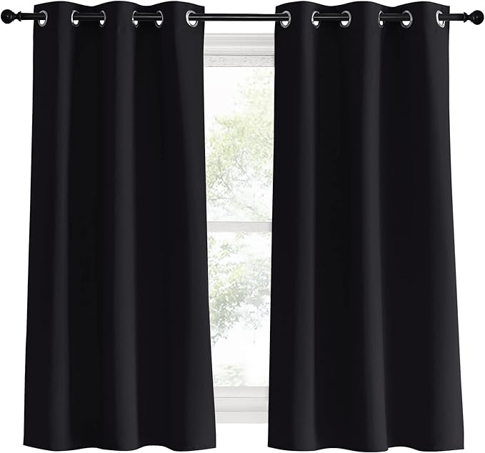 NICETOWN Black Curtains for Boys Room, Set of 2, W34 x L60, Blackout Thermal Insulated Window Treatment Solid Grommet Room Darkening for Bedroom/Night Shift