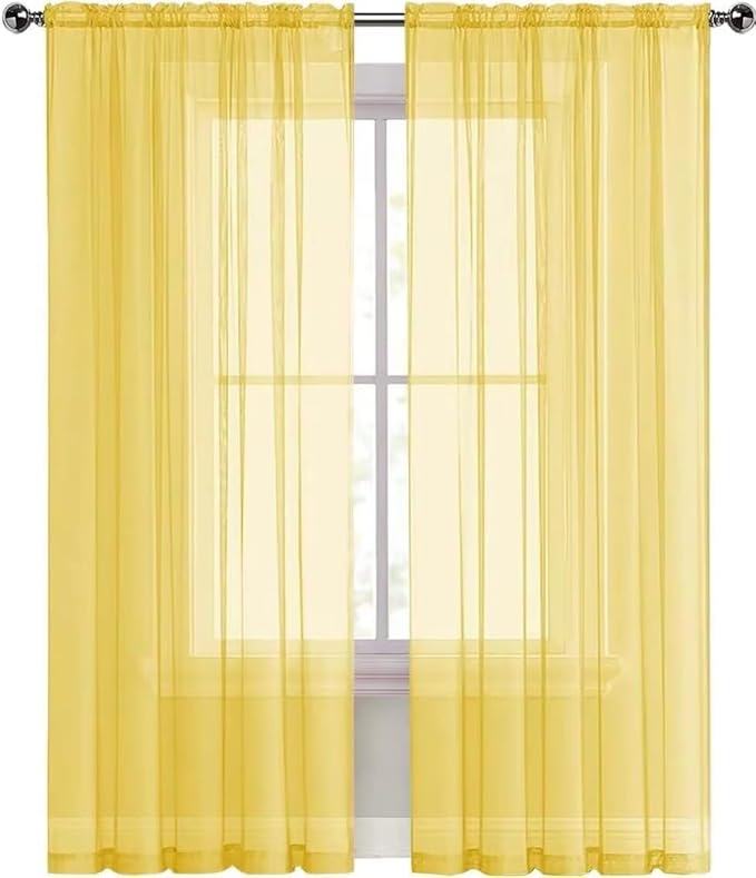 SpaceDresser Basic Rod Pocket Sheer Voile Window Curtain Panels Yellow 1 Pair 2 Panels 52 Width 36 Inch Long for Kitchen Bedroom Children Living Room Yard（Yellow, 52W x 36L）