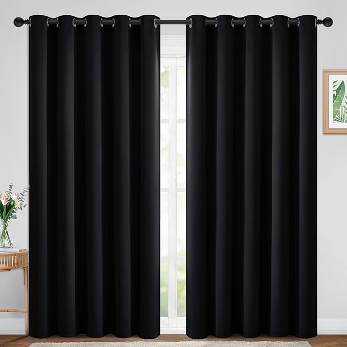 Yakamok 84 Inch Length 100% Blackout Curtains for Bedroom, Light Blocking Drapes Room Darkening Thermal Insulated Solid Grommet Panels for Living Room(70Wx84L, Black, 2 Panels)