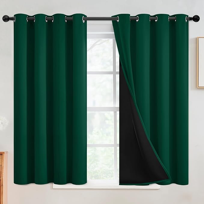 SimpleHome 100% Blackout Curtains for Bedroom,Thermal Insulated Dark Green Grommet Window Drapes Room Darkening Curtains for Living Room with Black Back,52 x 45 Inch,2 Panels
