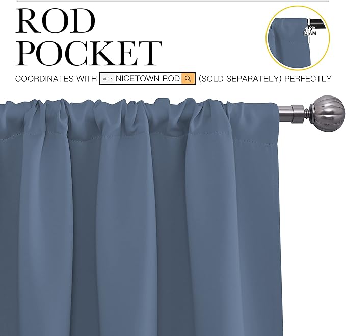 NICETOWN Bedroom Curtains, Home Decoration Solid Thermal Insulated Draperies & Drapes, Blackout Window Curtains for Kitchen (Stone Blue, 2 Panels, 34 in x 63 in (W x L))