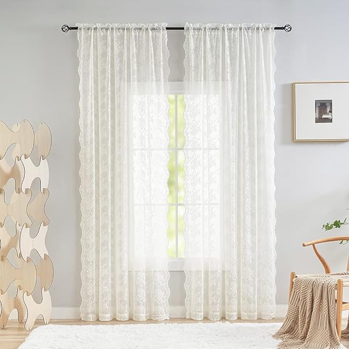 YJ YANJUN Vintage Lace Curtains 108 inches Long 2 Panels Set French Country Shabby Chic Floral Sheer Curtains for Living Room Window Light Filtering Rod Pocket 52W x 108L Ivory