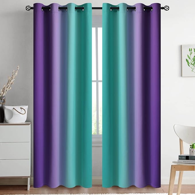Yakamok Ombre Teal and Purple Curtains for Bedroom, Gradient Room Darkening Curtains 84 inches long,Grommet Thermal Insulated Light Blocking Window Drapes/Curtain for Living Room,52 x 84 Inch,2 Panels