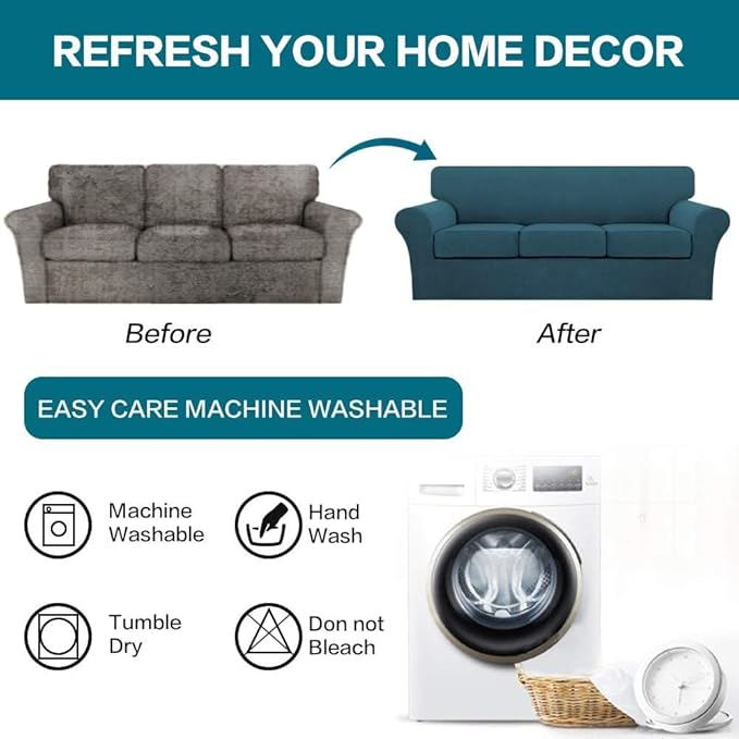 Turquoize 4 Piece Sofa Covers for 3 Cushion Couch Sofa Slipcover Soft Couch Cover for Dogs-Washable Sofa Furniture Covers with 3 Individual Cushion Covers, Jacquard Fabric (3 Cushion Sofa, Deep Teal)
