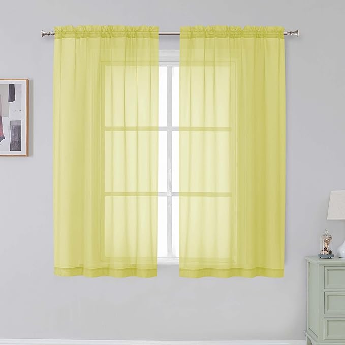 Simplebrand Rod Pocket Top Solid Voile Sheer Curtains for Bedroom, 54 Inch Length Drapes Set of 2, Lightweight and Light Filtering Elegant Lemon Curtains Panels Window Treatment, 42W×54L, Lemon