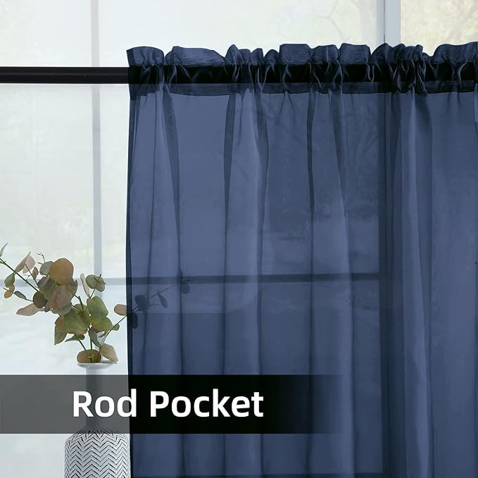 SpaceDresser Sheer Voile Window Treatment Rod Pocket Curtain Panels for Kitchen Bedroom Living Room Drapes Sunlight Filtering Privacy Semi Home Decor Assorted Colors Sizes (Navy, 52 W x 108 L)