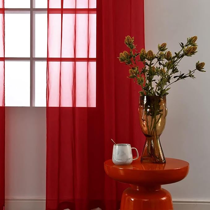 SpaceDresser Basic Rod Pocket Sheer Voile Window Curtain Panels Christmas Red 1 Pair 2 Panels 52 Width 36 Inch Long for Kitchen Bedroom Children Living Room Yard（Christmas Red, 52W x 36L）