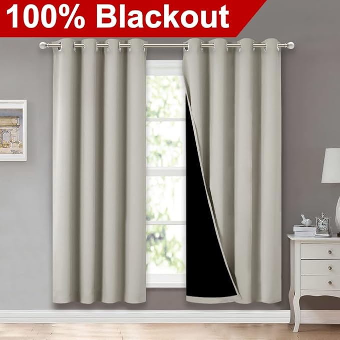 NICETOWN 100% Blackout Window Curtain Panels, Full Light Blocking Drapes with Black Liner for Nursery, 72-inch Drop Thermal Insulated Draperies (Natural, 2 Pieces, 52-inch Wide Per Panel)