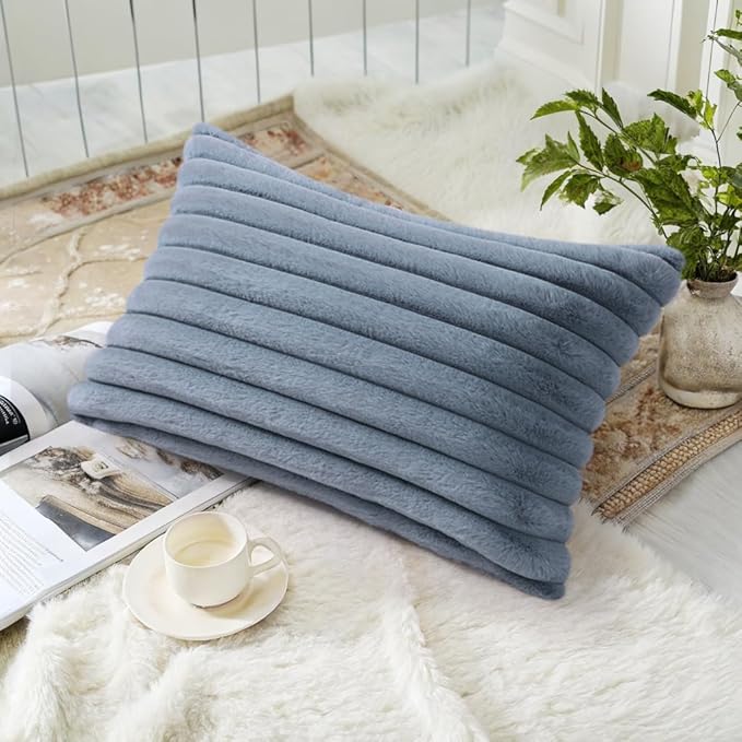 decorUhome Cozy Faux Fur Throw Pillow Covers 12x20 Set of 2 Decorative Soft Plush Striped Lumbar Modern Farmhouse Boho Couch Pillow Cases with Velvet Back for Sofa Bed Living Room, Grey Blue