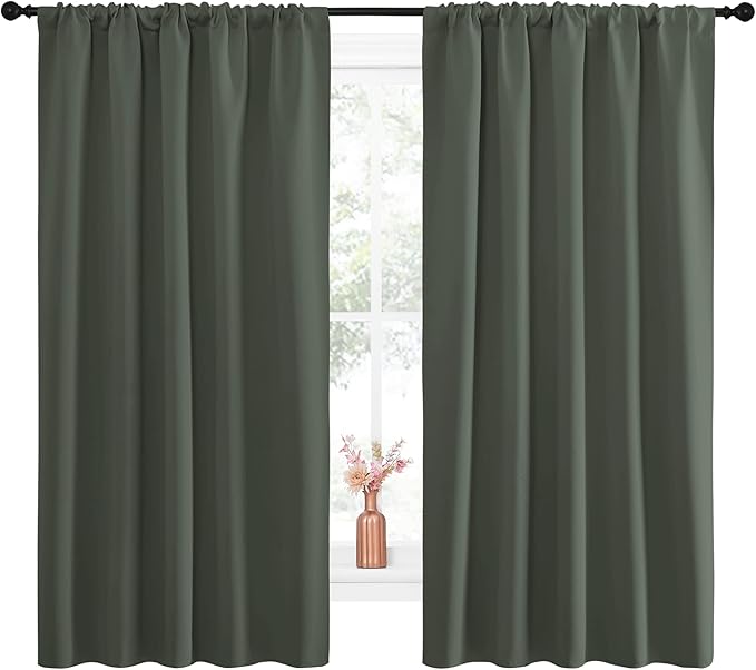 NICETOWN Bedroom Curtains Blackout Draperies - All Season Thermal Insulated Solid Rod Pocket Top Blackout Curtains/Drapes for Kid's Room (Dark Mallard, 1 Pair, 52 x 63 Inch)