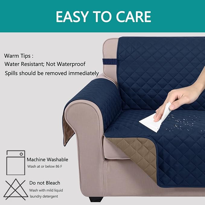 U-NICE HOME Reversible Oversized Chair Covers Quilted Water Repellent Pet Protectors with Elastic Straps (28''Armchair, Navy/Taupe)