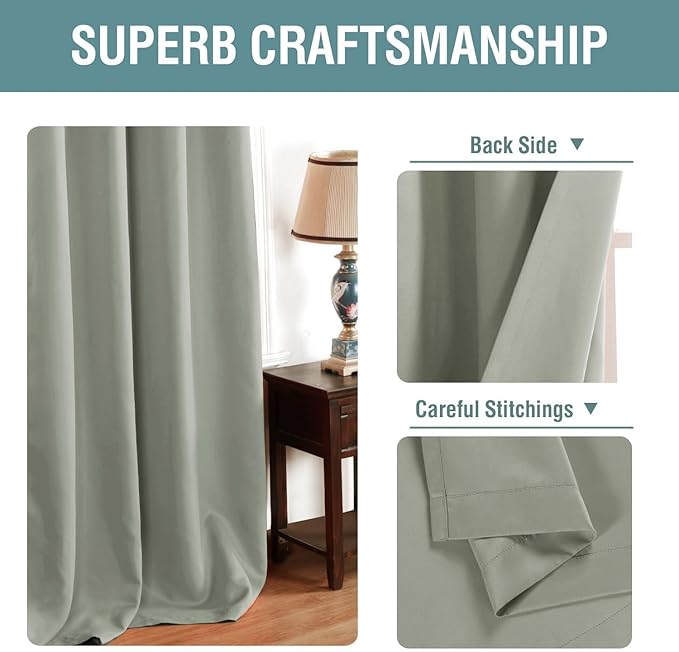 H.VERSAILTEX Sage Green Curtains/Drapes Blackout for Bedroom Room Darkening Thermal Curtains for Living Room Noise Reducing Sound Proof Solid Grommet Curtain (One Panel, Light Sage, 52" W x 102" L)