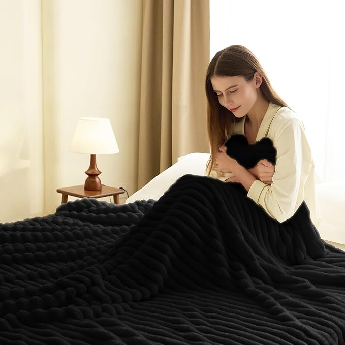 HIMEET Black Ribbed Twin Blanket for Bed - 300GSM Lightweight Soft Fleece Blanket for Men Women, Cozy Blankets Graduation Birthday Gifts, Striped Spring Home School Dorm Decor, Black, 60x80 Inches