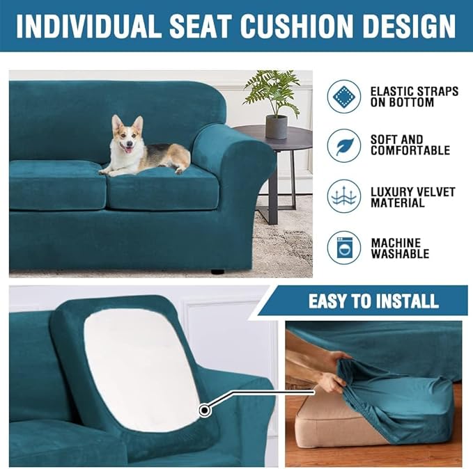 H.VERSAILTEX High Stretch Sofa Slipcover 4 Piece Cover Velvet Furniture Protector Form Fit Thick Velvet Extra Large Sofa Cover for 3 Cushion Couch Width Up to 97 Inch (Large Sofa, Peacock Blue)