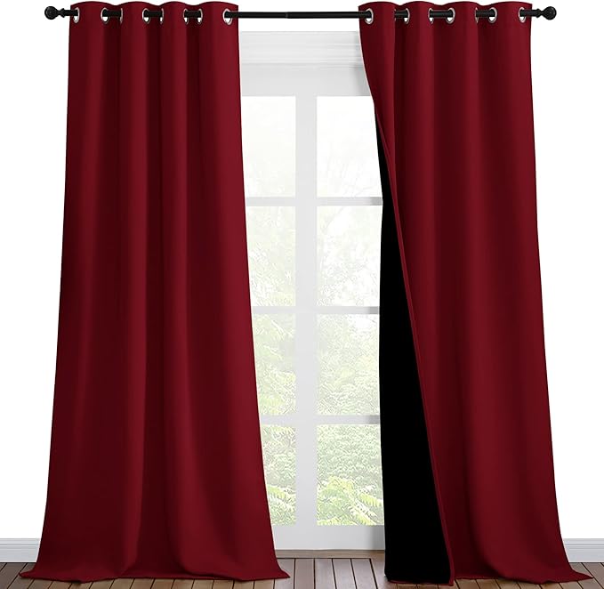 NICETOWN Truly Blackout Drapes for Living Room, Heavy-Duty Full Light Shading Curtain Set with Black Liner Backing for Villa/Hall/Dorm Window（Burgundy Red, Set of 2, 46 inches Wide x 90 inches Long