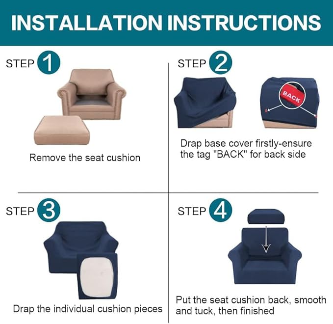 Turquoize 2 Piece Chair Covers Chair Slipcovers for Living Room Armchair Couch Cover Chair Sofa Cover with Individual Cushion Covers Furniture Cover for Chairs Feature Jacquard Fabric (Chair, Navy)