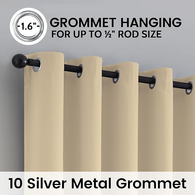 SimpleHome 100% Blackout Curtains for Bedroom,Thermal Insulated Beige Grommet Window Drapes Room Darkening Curtains for Living Room with Black Back,62 x 84 Inch,2 Panels