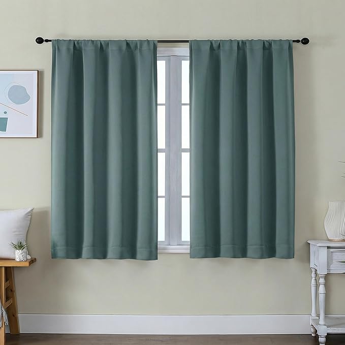 Simplebrand Ava Dark Green Short Blackout Curtains for Bedroom 45 Inches Long 2 Panels Set, Solid Thermal Insulated, Energy Saving Window Treatment Curtains Blackout Drapes, W40 x L45 Inch, Dark Green