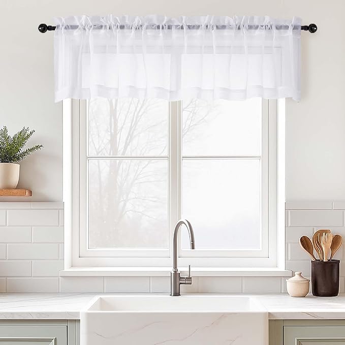 White Valances for Windows 14 inch Length 2 Panels Set, Small Voile Sheer Curtains for Bathroom, Soft Fabric Lightweight Light Filtering Kitchen Curtains, Dual Rod Pocket, 2x42Wx14L Inches