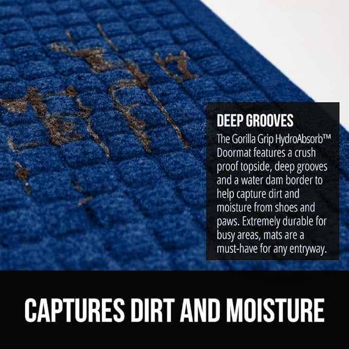GORILLA GRIP® Ultra Absorbent Front Door Mat Outside Entrance, 35x23, Traps Dirt and Moisture, HydroABSORB Indoor Outdoor Doormat Holds Up to 5.7 Cups Water, Stain and Fade Resistant Welcome Mat, Blue
