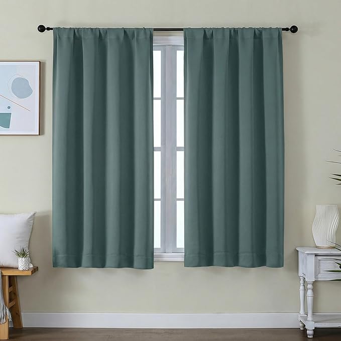 Simplebrand Ava Dark Green Short Blackout Curtains for Bedroom 54 Inches Long 2 Panels Set, Solid Thermal Insulated, Energy Saving Window Treatment Curtains Blackout Drapes, W40 x L54 Inch, Dark Green