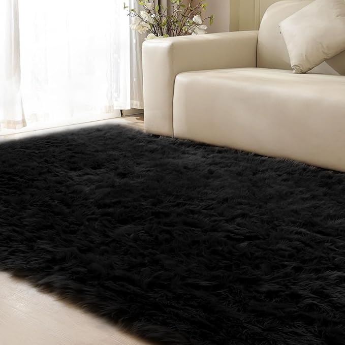 ORINOVA Black Rug for Bedroom 5x7 Area Rugs for Living Room Washable Shaggy Sheepskin Fluffy Fur Rug for Girl Room Rectangle Nursery