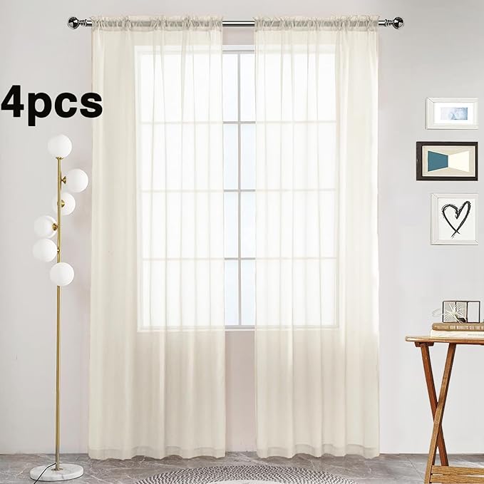 SpaceDresser Ivory Sheer Curtains 4 Panels Rod Pocket Semi-Sheer Curtain 90 Inches Long Light Filtering Voile Window Drapes for Bedroom Living Room Kitchen, Each 52W x 90L