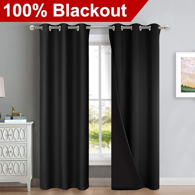 NICETOWN Room Warming Blackout Curtains 80 inches Long, Full Light Blocking Drapes with Black Liner for Nursery, Thermal Insulated Draperies for Hall, Villa (Black, 2 Pieces, 42" Wide Each Panel)